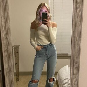 A&F Cream Off-Shoulder Ribbed Bodysuit